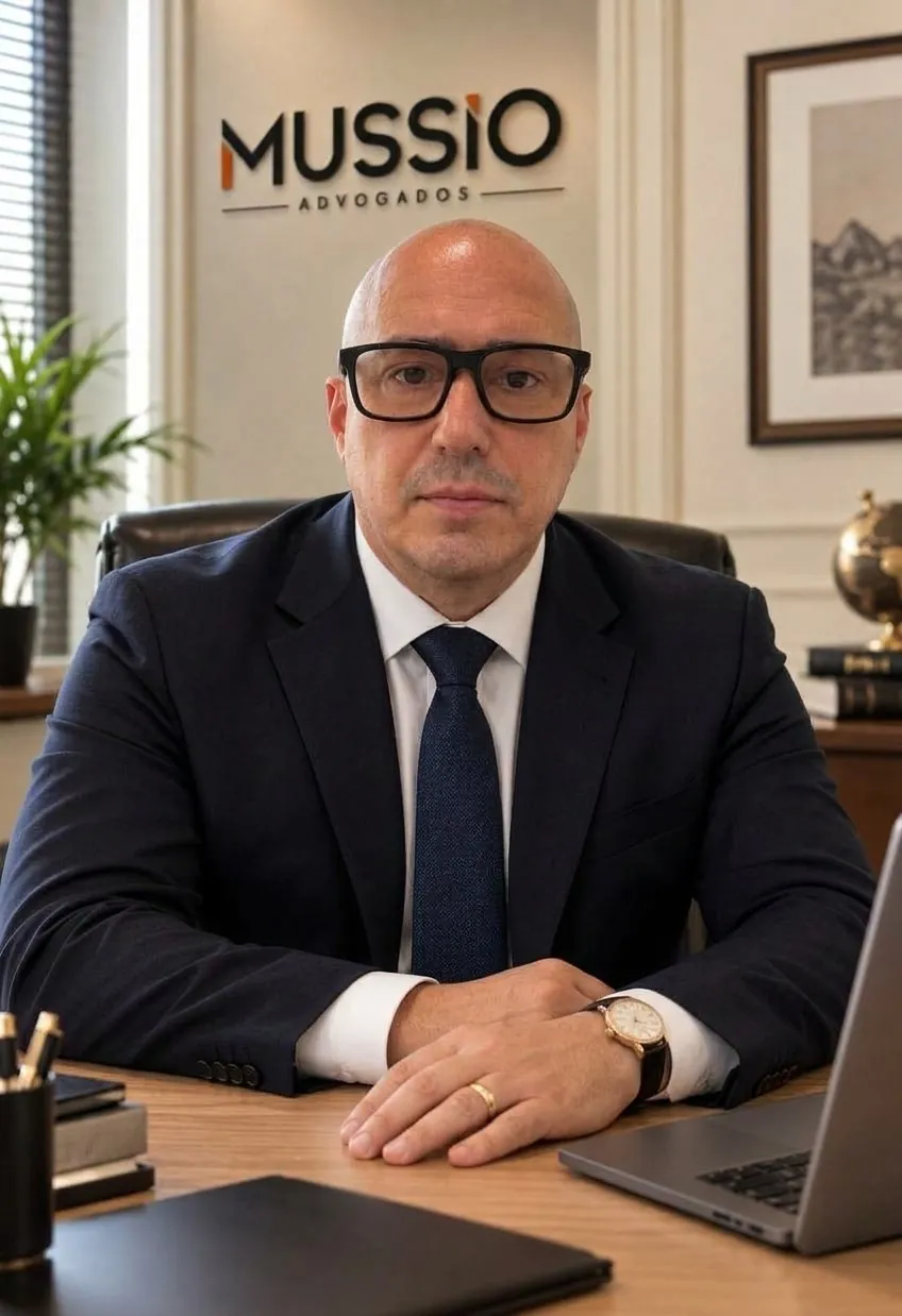 Dr. Leandro Paulino Mussio, de terno azul-marinho e óculos, à mesa do escritório com o logo da Mussio na parede